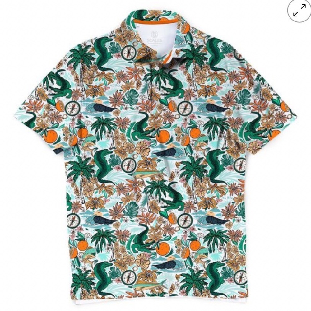 Scales Mens Fish & Game Polo Shirt White Gator Tropical Print M 00362-072-001